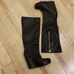 EUC Akira tall leather wedge boots. Size 6